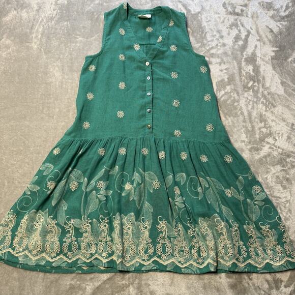 Maeve Dress XS P Green Sleeveless Embroidered Tunic Linen Floral Boho Summer - Picture 2 of 9